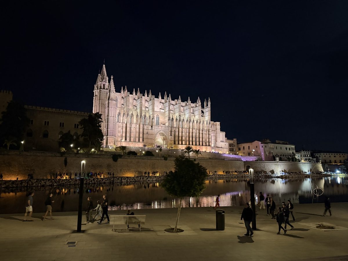 Die beleuchtete Kathedrale La Seu in Palma bei Nacht, gespiegelt im Wasser des Parc de la Mar, Spaziergänger auf der Promenade