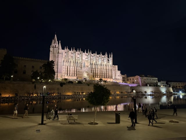 Die beleuchtete Kathedrale La Seu in Palma bei Nacht über dem Wasser des Parc de la Mar, wo 2026 der Parc de Nadal stattfindet
